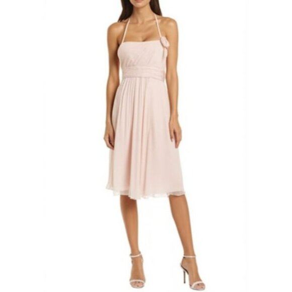Amsale Wedding Whimsy Flirty Fit Flare Halter Blouson Silk Dress Blush Womens 10 - Picture 3 of 12